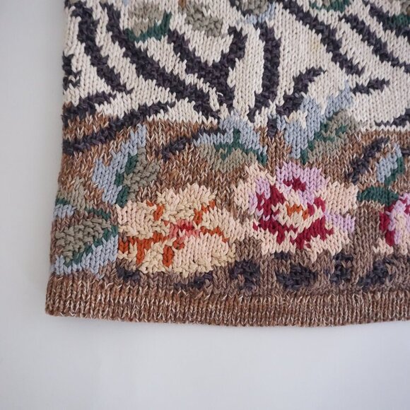 Vintage Tiara Cream Brown Knit Floral Knit Cotton Blend Crewneck Sweater XL - Picture 9 of 13